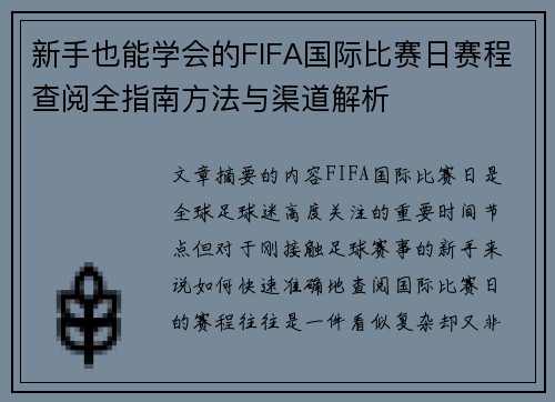新手也能学会的FIFA国际比赛日赛程查阅全指南方法与渠道解析